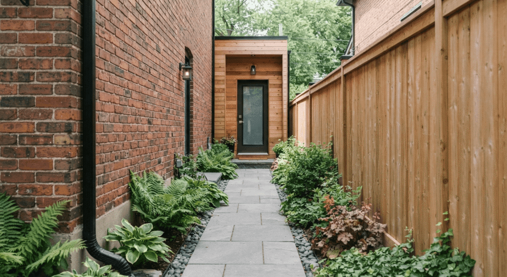 Narrow side-yard fire access path leading to a Toronto laneway suite