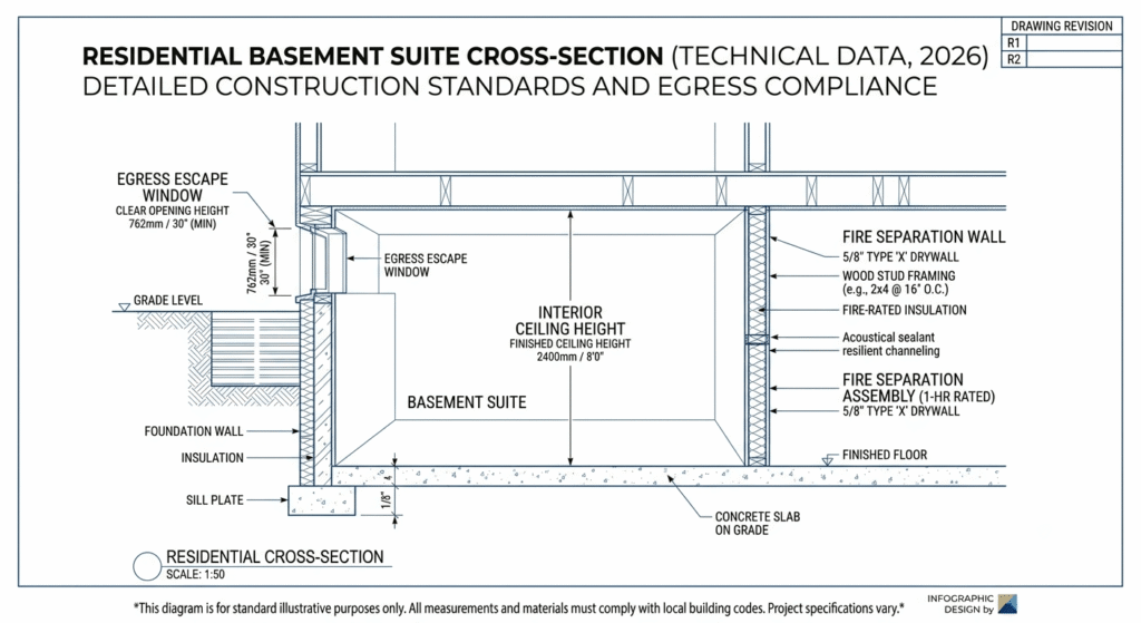 Ontario legal basement building code requirements shown in a cross-section diagram