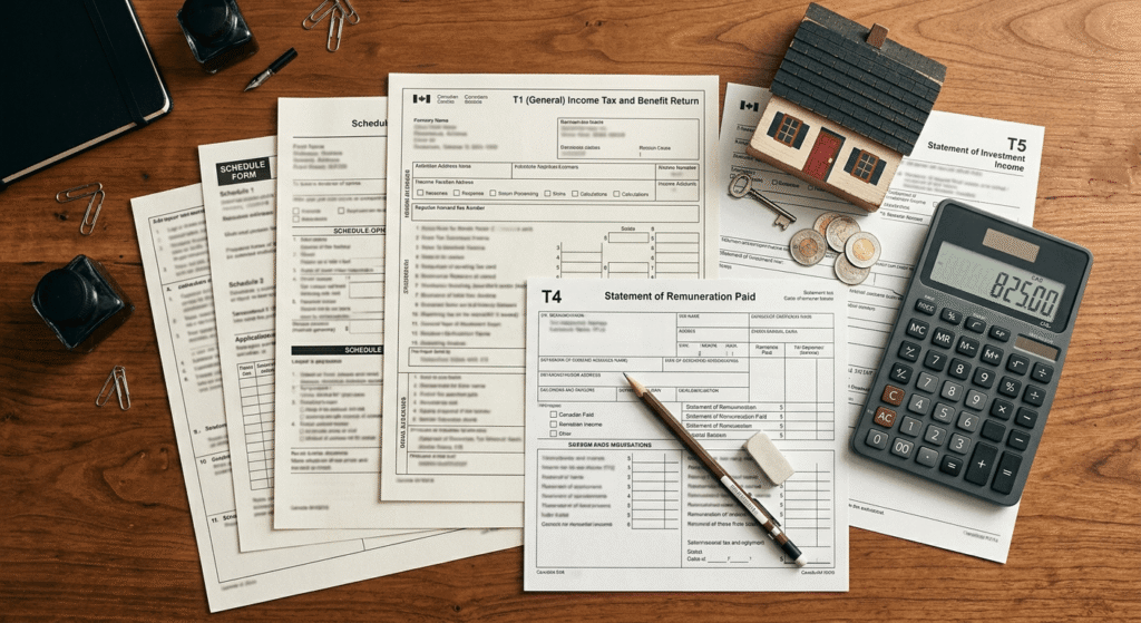 Tax documents and calculator representing MHRTC refund calculations
