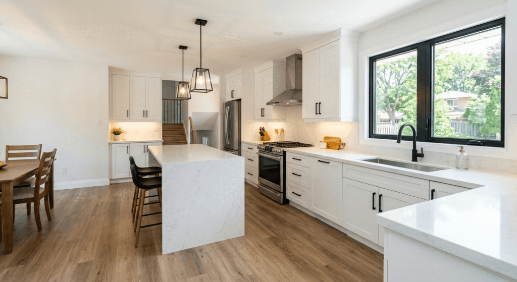 Finished kitchen renovation in a Mississauga home with quartz counters and white shaker cabinets
