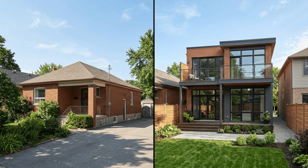 Before and after of a Toronto home with a rear two-storey addition