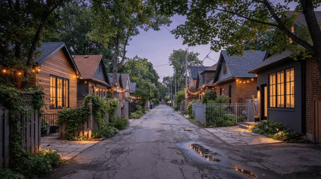 Toronto laneway neighbourhood with multiple detached laneway suites at dusk