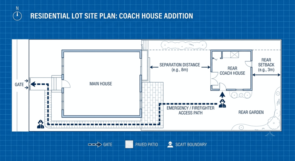 Toronto coach house zoning setbacks and firefighter access site plan diagram