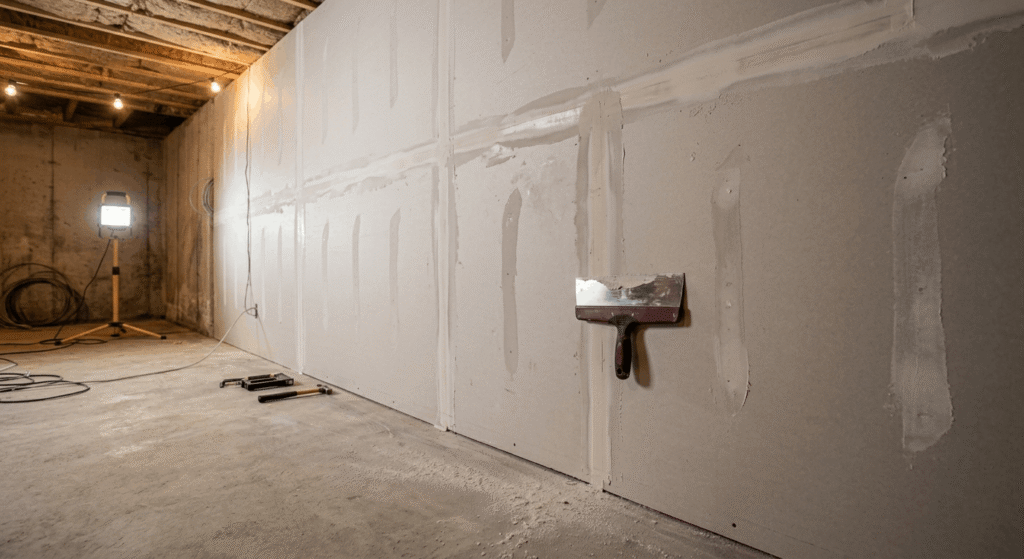 Taping and mudding drywall seams in a finished basement