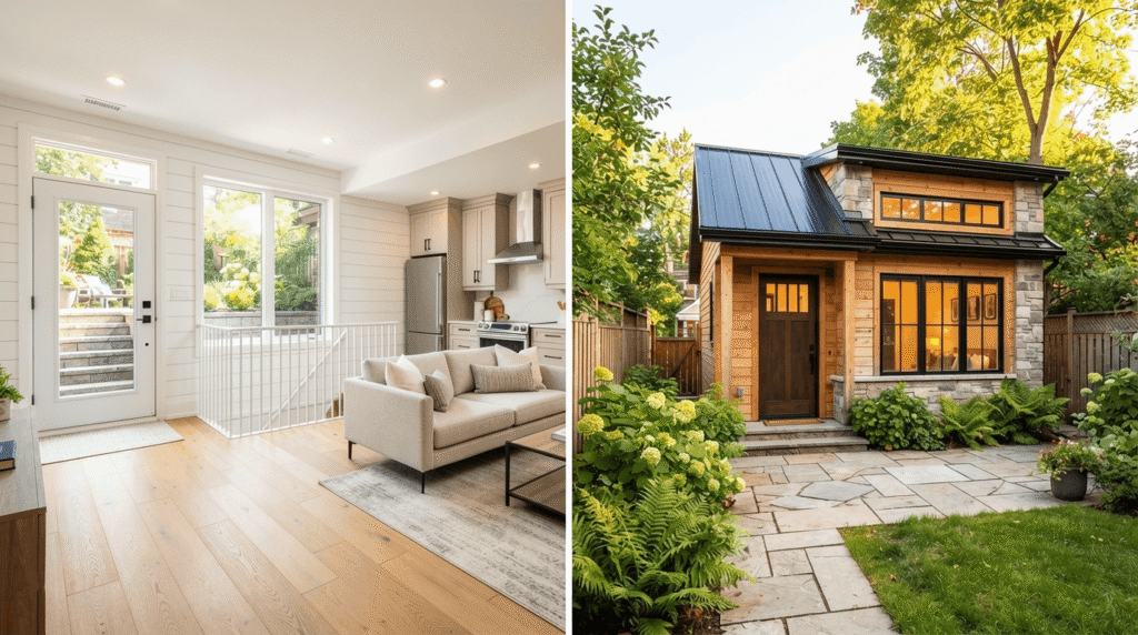 Side-by-side comparison of a basement apartment entrance and a detached garden suite in a backyard