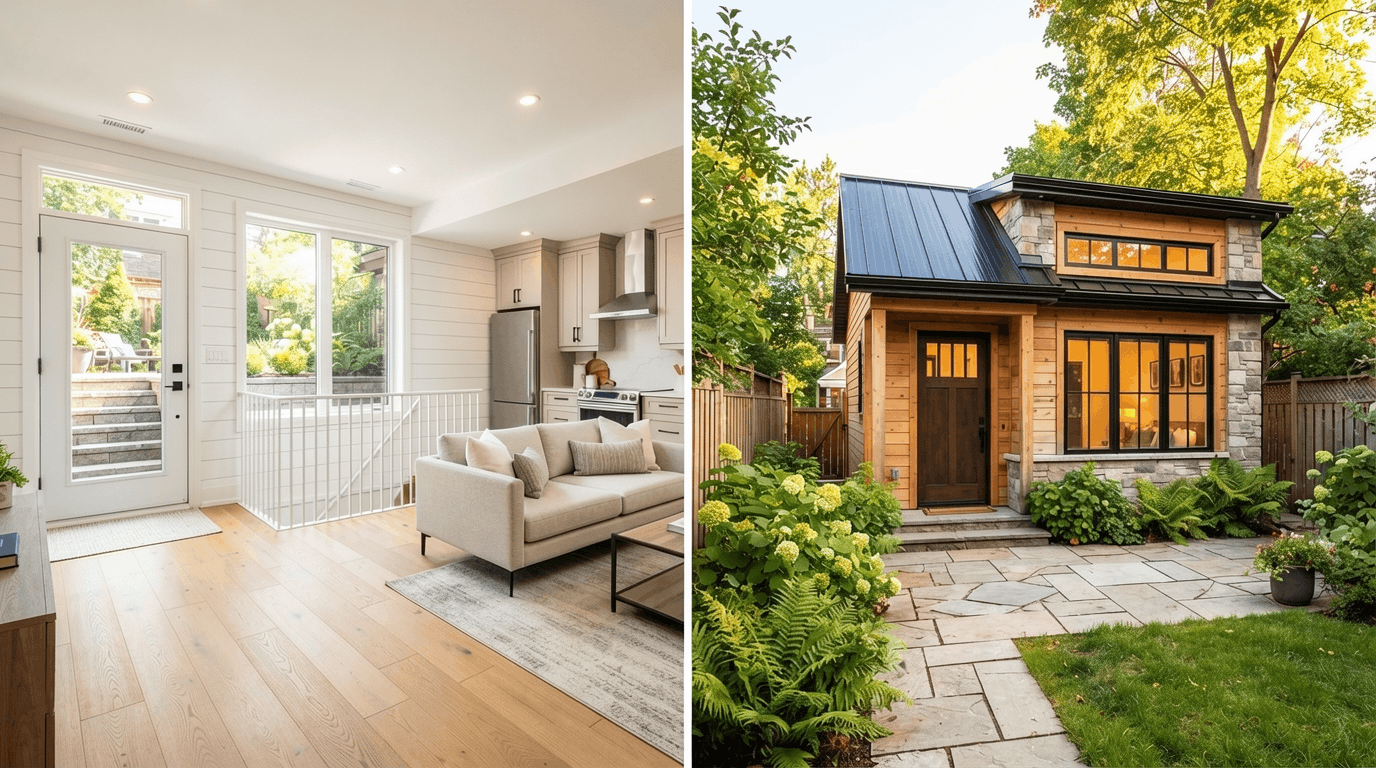 Side-by-side comparison of a basement apartment entrance and a detached garden suite in a backyard