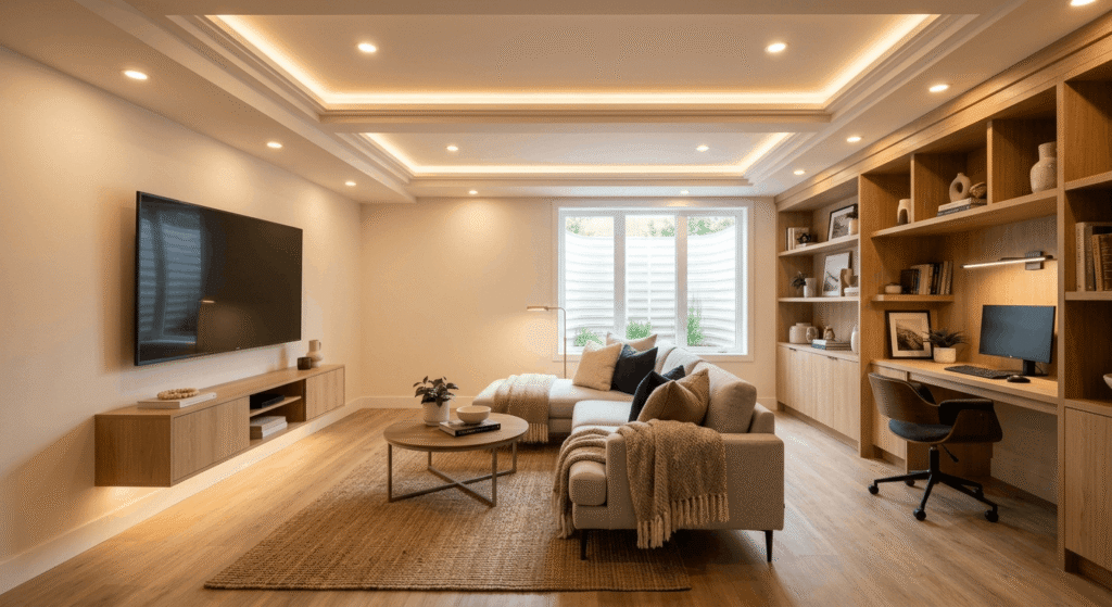 Basement design with layered lighting and moisture-safe flooring
