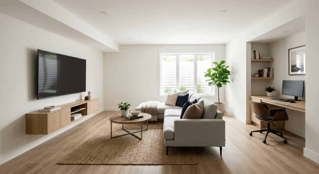Finished basement rec room showing 2026 basement finishing cost upgrades