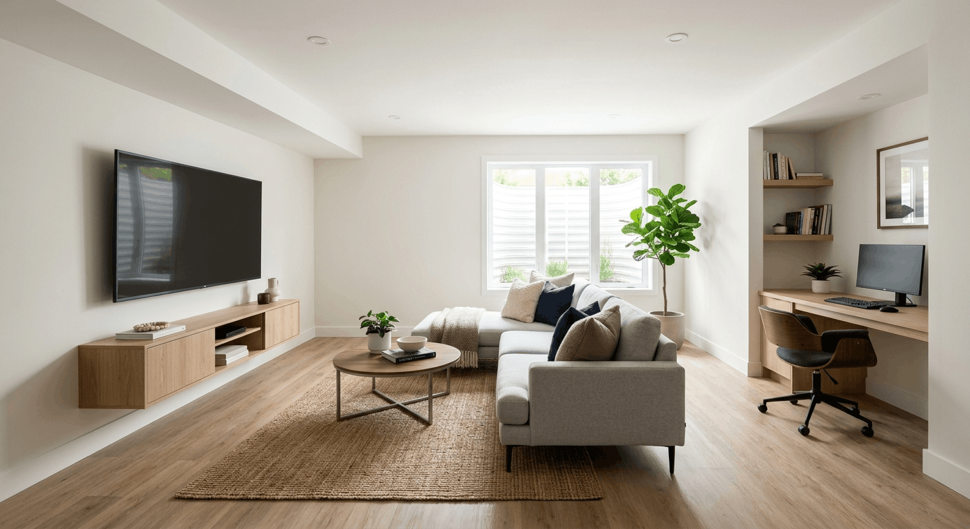 Finished basement rec room showing 2026 basement finishing cost upgrades