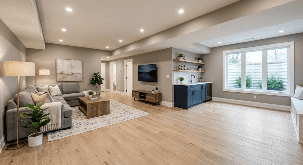 Finished basement renovation in a Mississauga home with open-concept living space