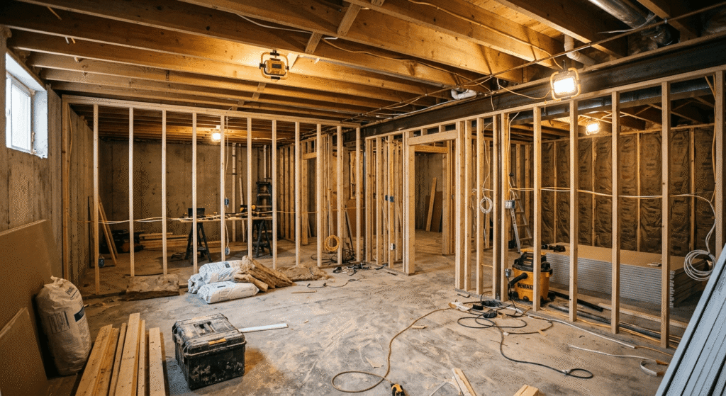 Basement renovation in Mississauga showing framing and insulation in progress
