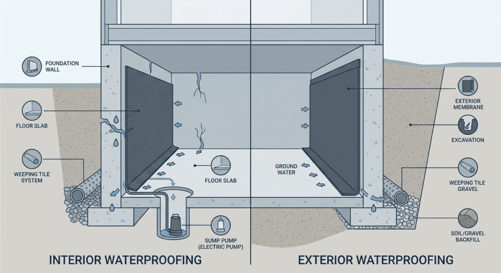 Comparison of interior and exterior basement waterproofing methods