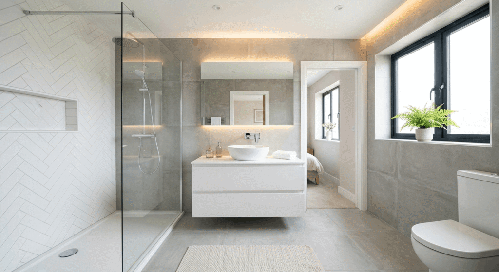 Renovated ensuite bathroom in Burlington with glass walk-in shower and floating vanity