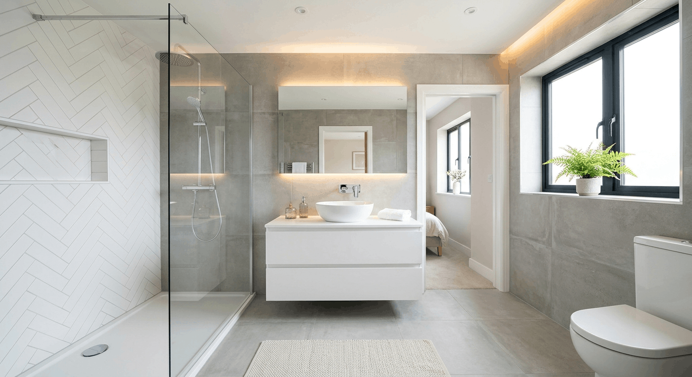 Renovated ensuite bathroom in Burlington with glass walk-in shower and floating vanity