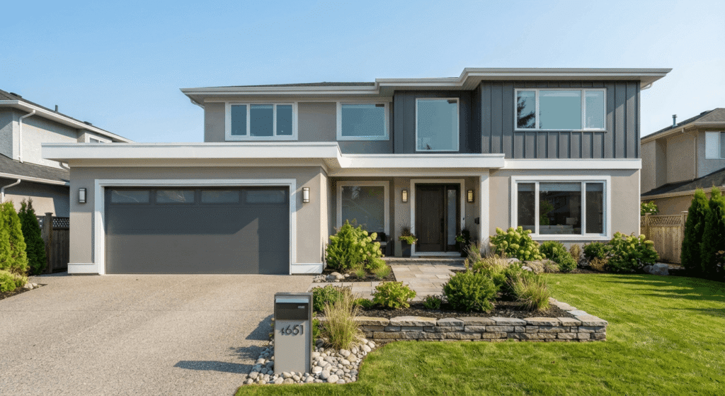 Home exterior with new garage door and landscaping showing curb appeal upgrades