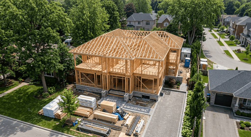 Custom home builder Burlington framing stage on an infill lot
