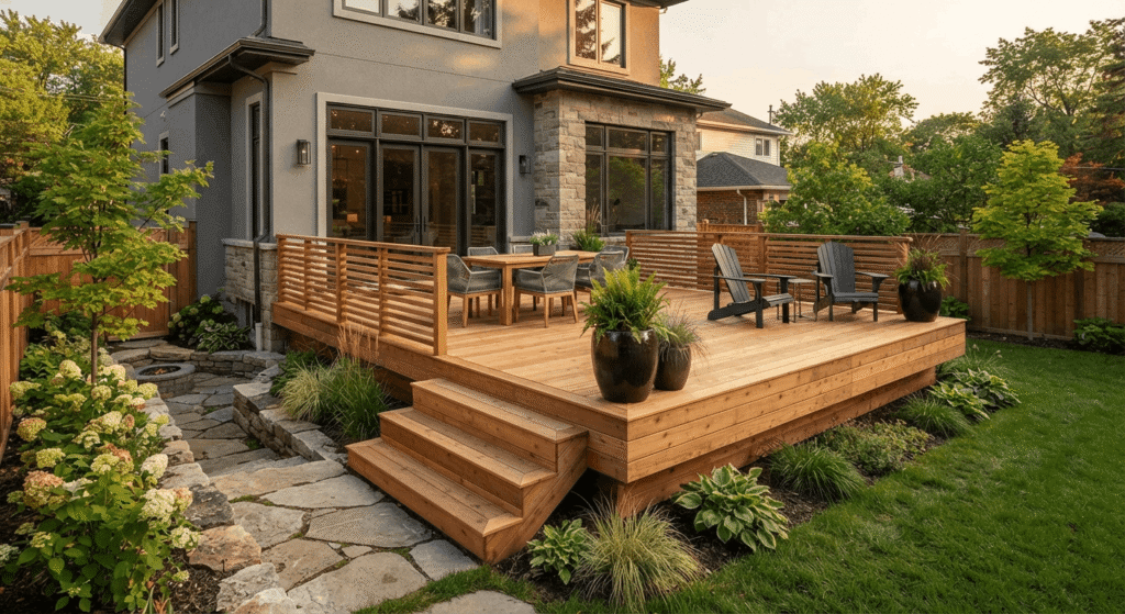Newly installed wood deck adding outdoor living space to a home