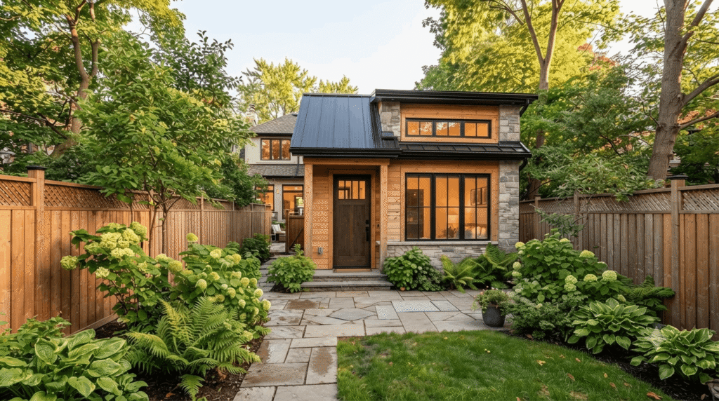 Modern detached garden suite accessory dwelling unit in a Toronto backyard"