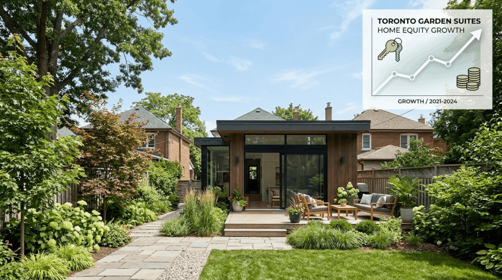 Modern Toronto garden suite with equity growth infographic overlay