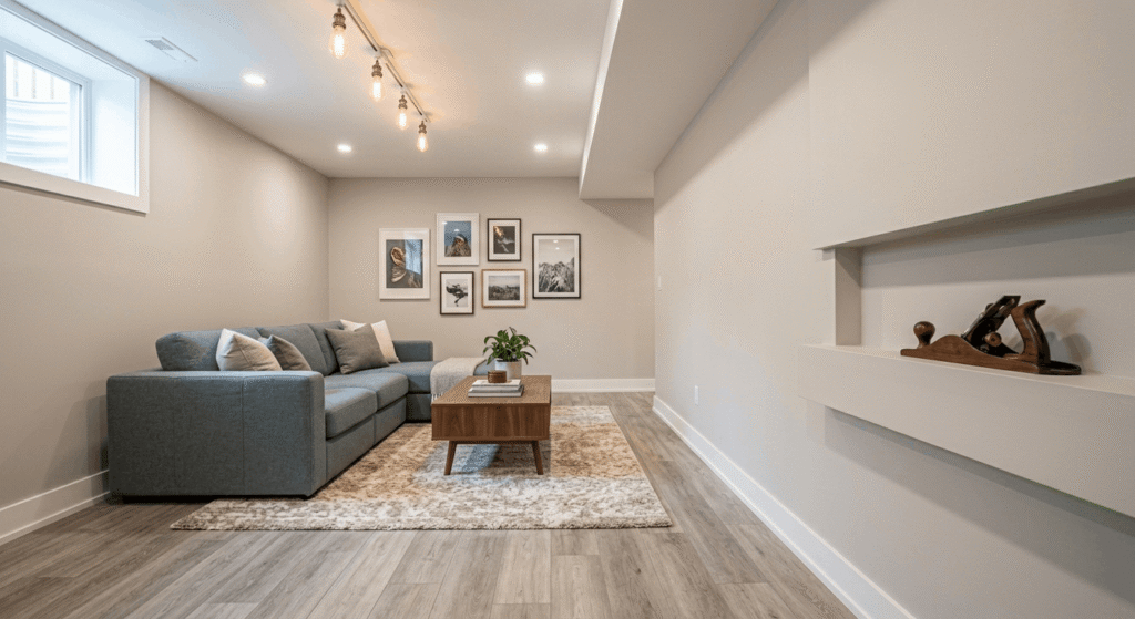 Finished basement living room with drywall walls, wood flooring and gallery wall
