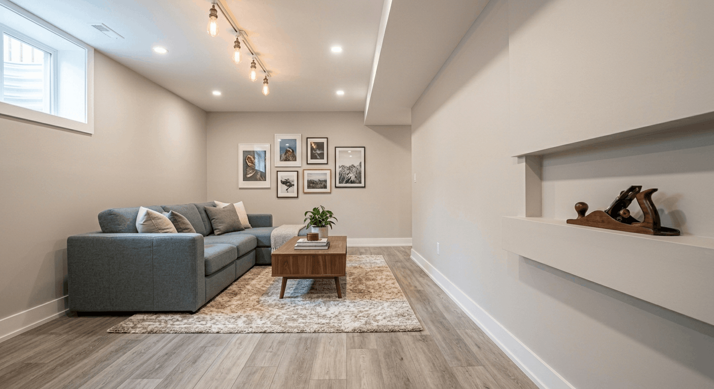 Finished basement living room with drywall walls, wood flooring and gallery wall