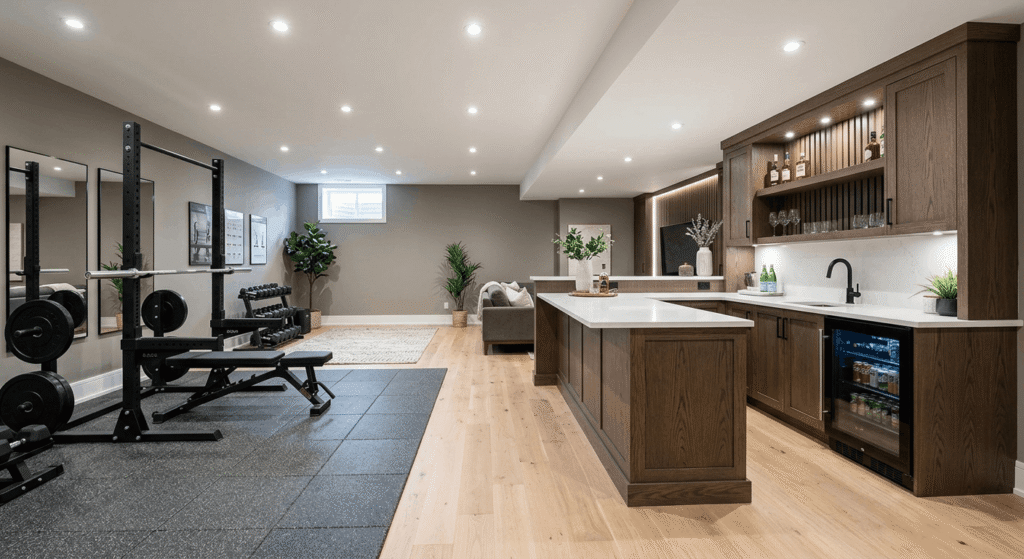 Finished basement conversion with gym and bar area in Mississauga home