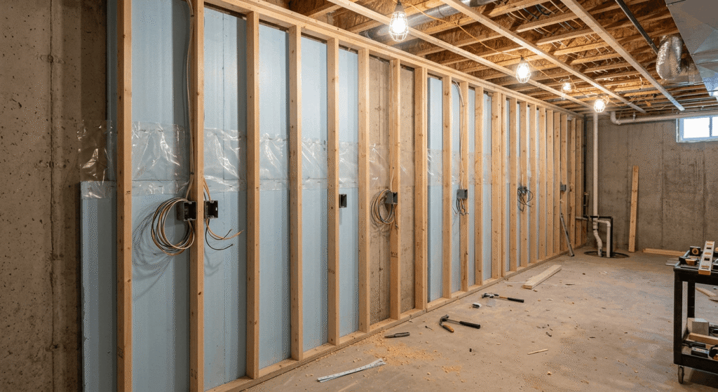 Framed basement stud wall with insulation and vapour barrier before drywall"