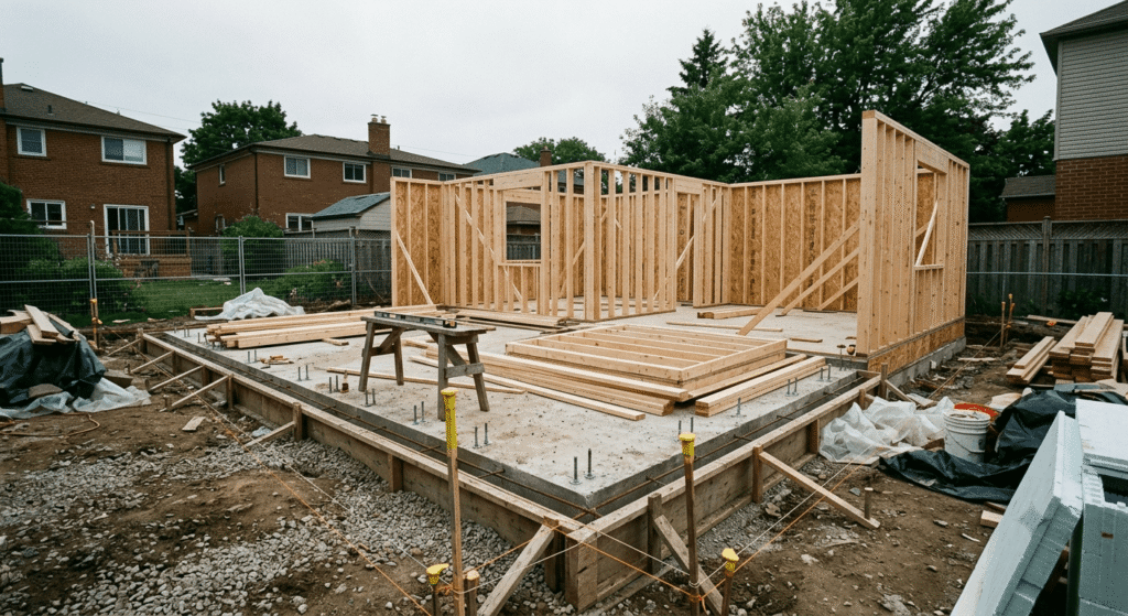 Garden suite foundation and framing construction in Toronto backyard
