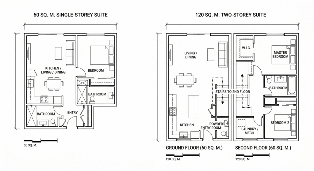 Floor plan comparison of single-storey and two-storey garden suites
