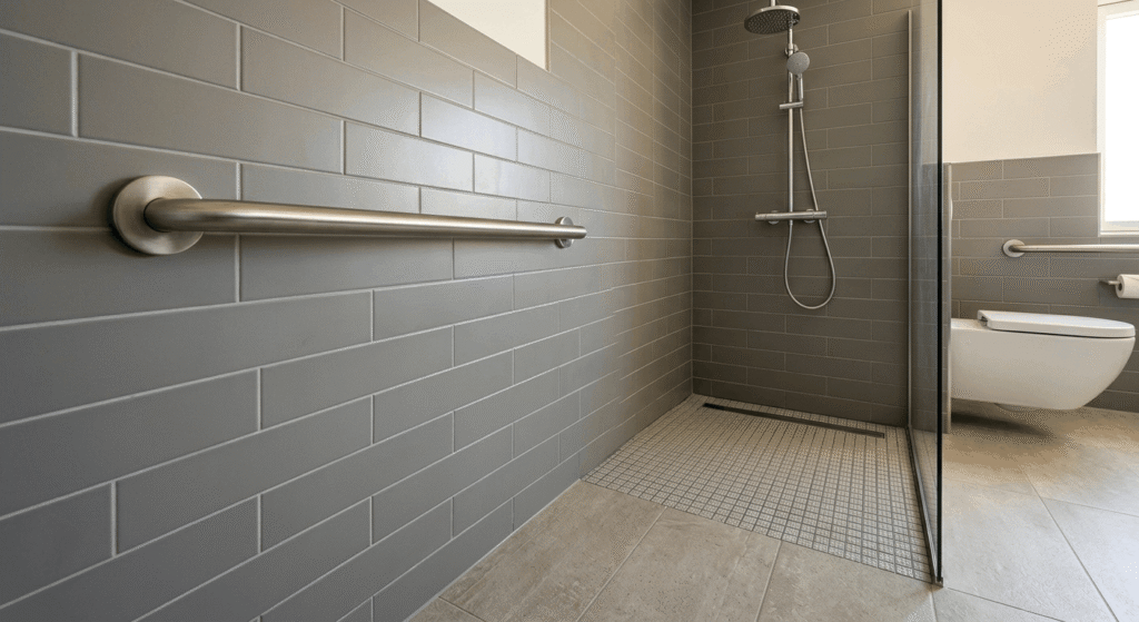 Accessible bathroom renovation with grab bars and curbless shower Ontario
