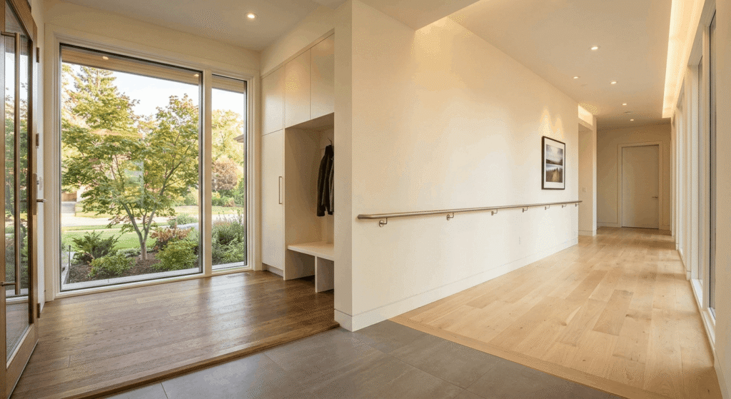 Accessible home renovation featuring wide doorway and grab bar in Ontario