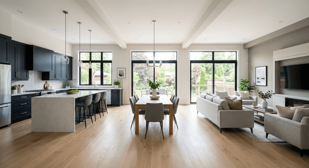 Renovated open-concept kitchen and living area in a Burlington home