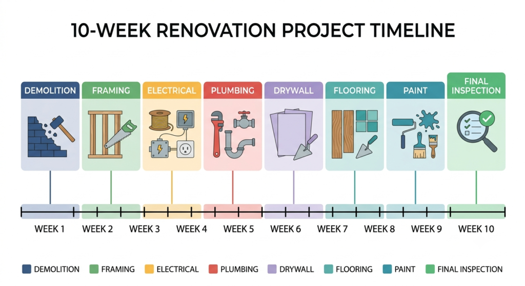 10-week home renovation timeline by trade sequence in Burlington