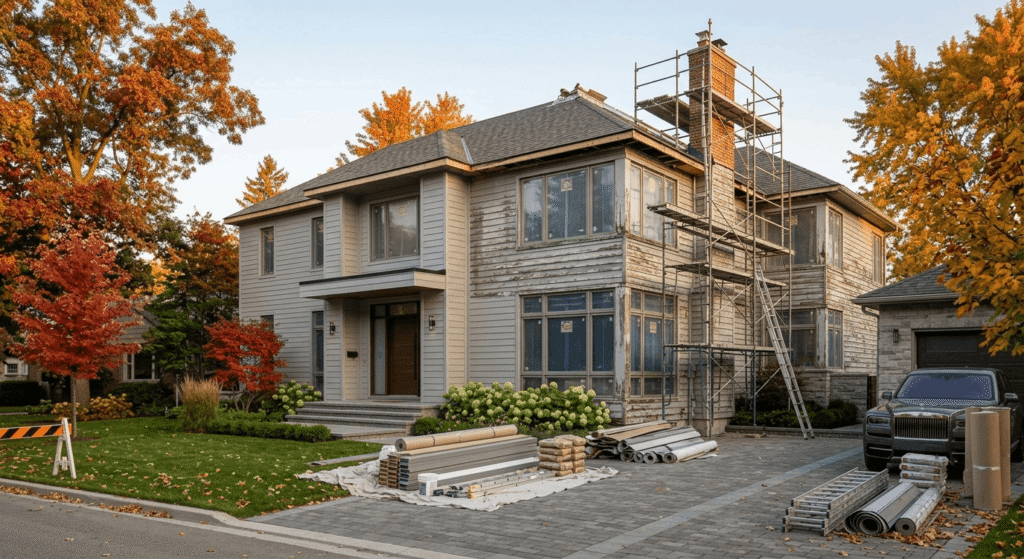 Detached Oakville home undergoing exterior renovation with scaffolding