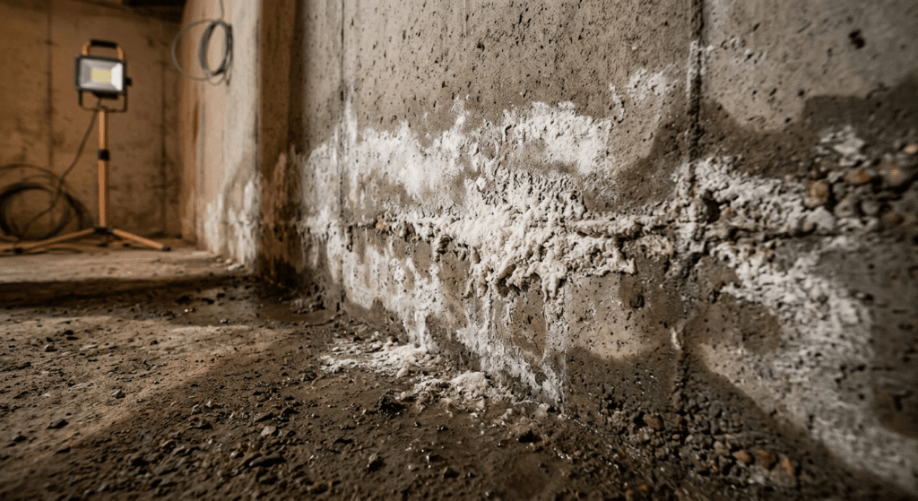 Efflorescence on a basement wall before drywall installation