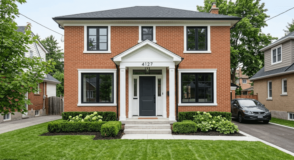 Old house exterior refreshed with a new front door and updated landscaping