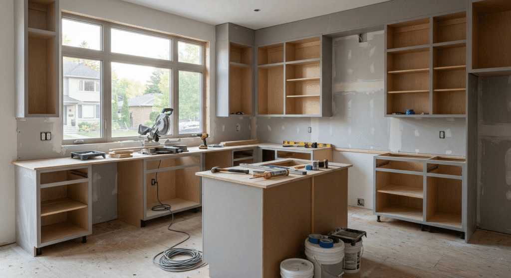 Kitchen renovation underway in an Oakville home with new cabinetry