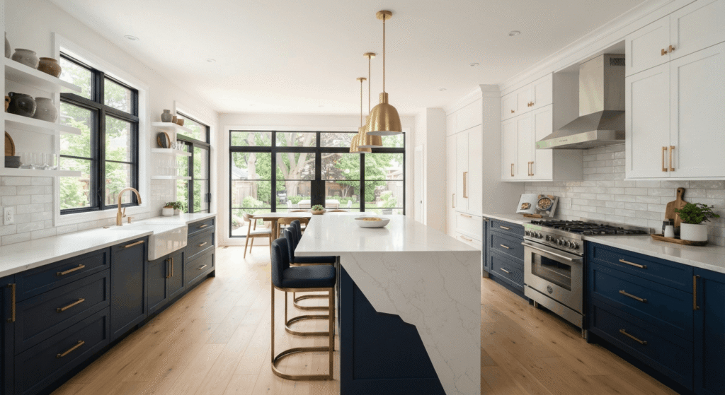 "Modern renovated kitchen with quartz countertops and navy cabinets in a Canadian home