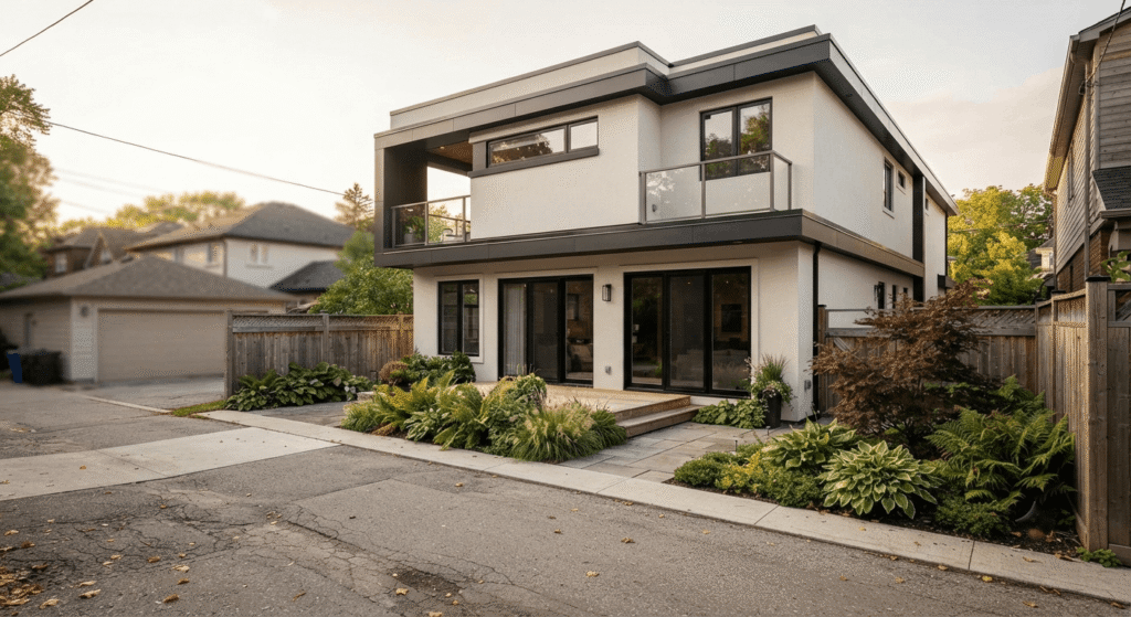 Modern two-storey laneway suite in a Toronto backyard bordering a public laneway