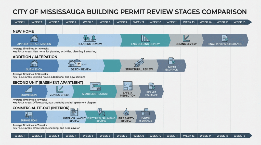 Permit review timelines for home additions and commercial construction in Mississauga