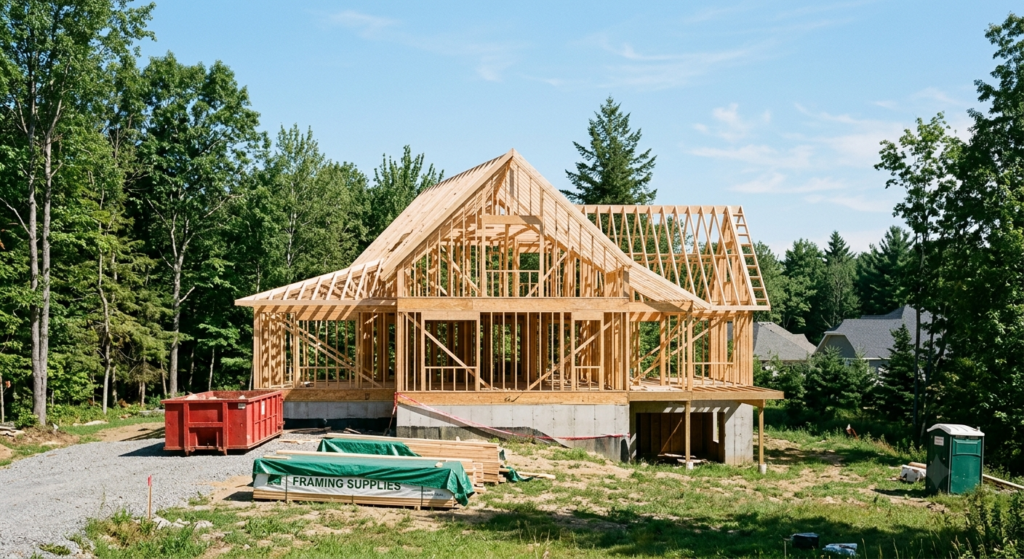 Custom home under construction on a tree-lined lot in Oakville