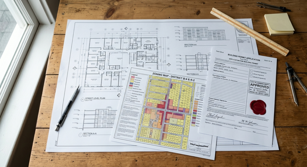 Ontario building permit application documents and architectural blueprints on a desk