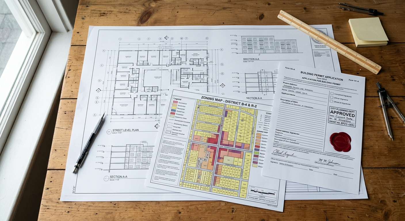 Ontario building permit application documents and architectural blueprints on a desk