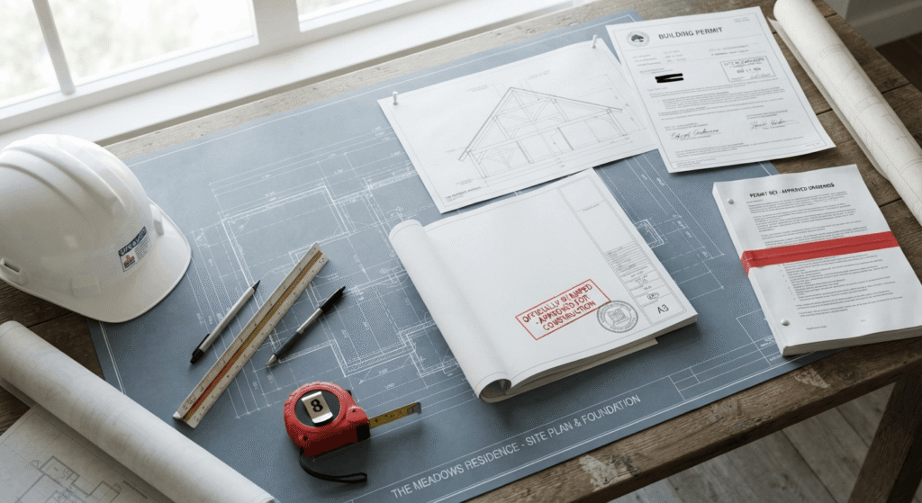Building permit blueprints and stamped drawings for an Ontario construction project