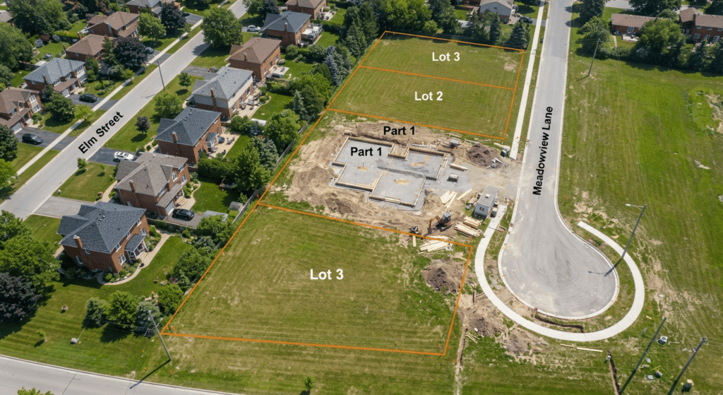 Aerial view of an Ontario residential lot marked for land severance and subdivision
