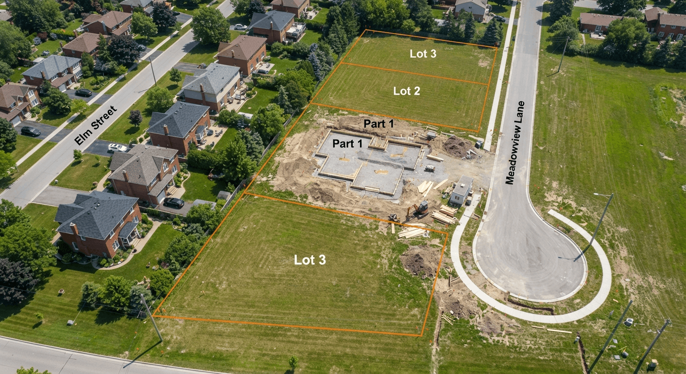 Aerial view of an Ontario residential lot marked for land severance and subdivision