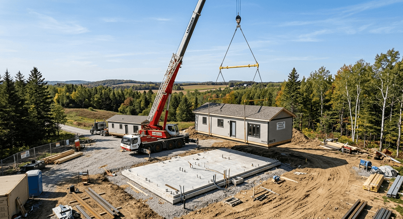 Modular home section being installed by crane on an Ontario building site"