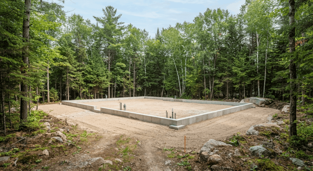 Prepared foundation site for a modular home in rural Ontario