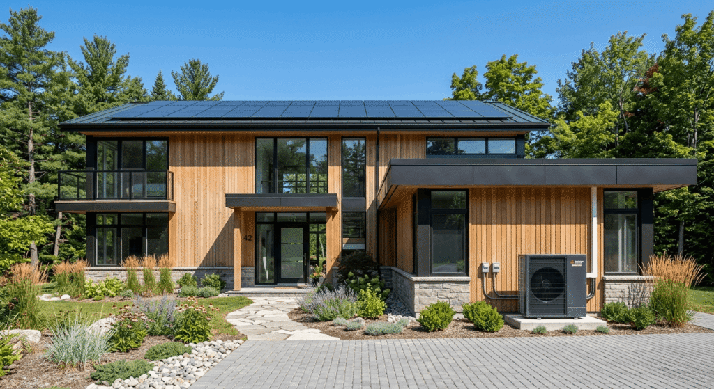 Net-zero home in Ontario with rooftop solar panels and heat pump"