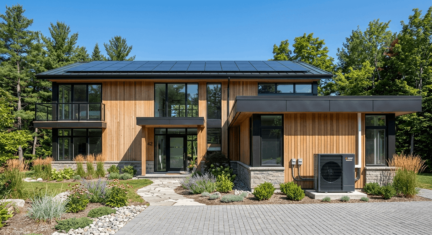 Net-zero home in Ontario with rooftop solar panels and heat pump"